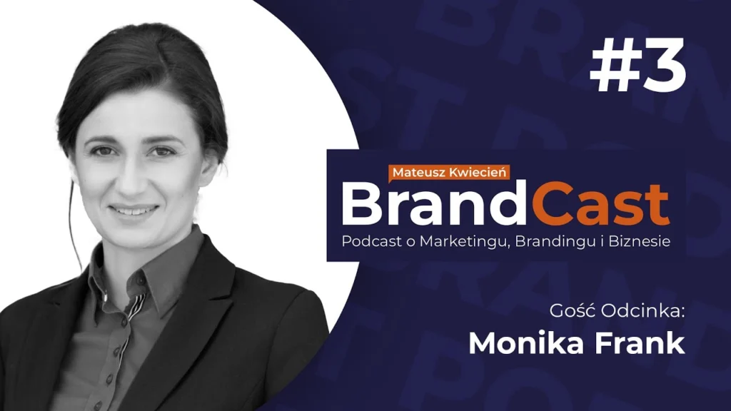 Grafika promująca trzeci odcinek podcastu BrandCast z Moniką Frank o budowaniu sieci franczyzowej, standaryzacji, identyfikacji wizualnej i rozwoju franczyzy.