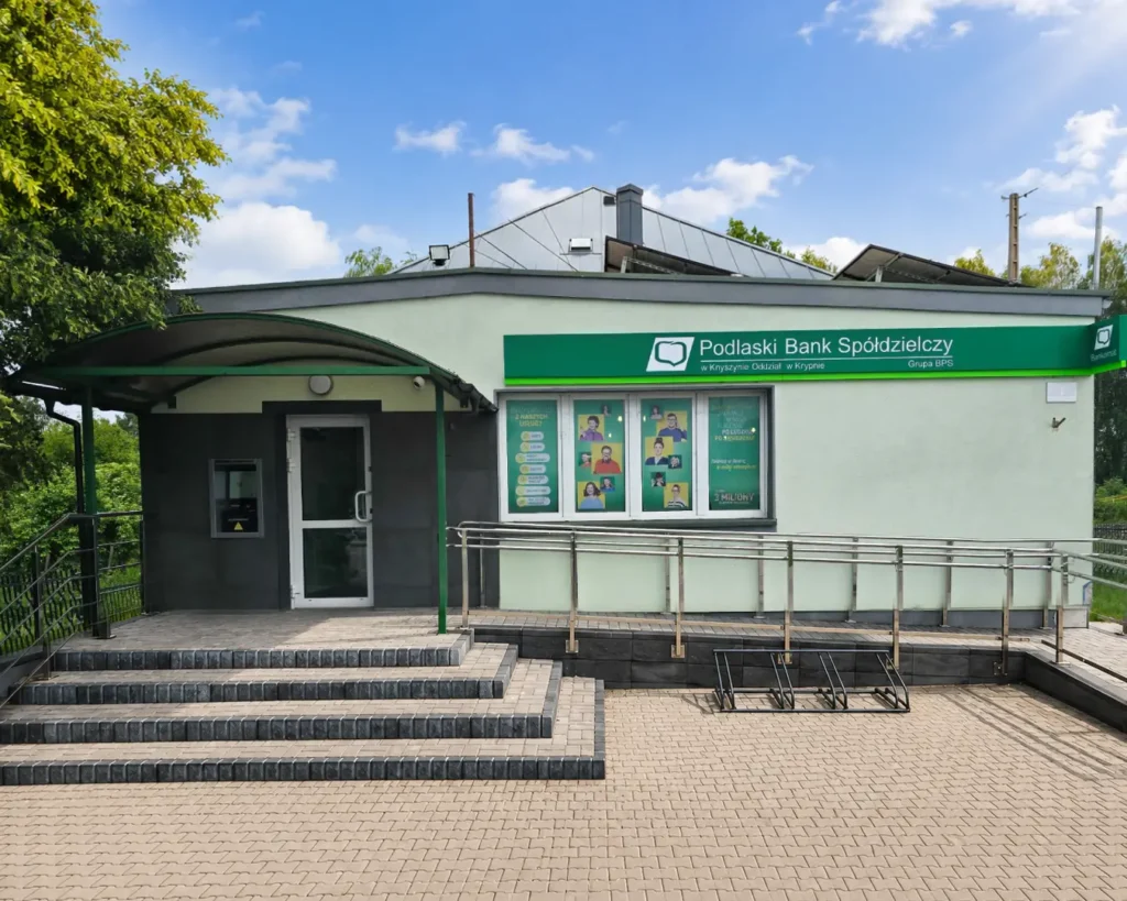 Oznakowanie placówki Banku Spółdzielczego z wykorzystaniem kasetonu reklamowego