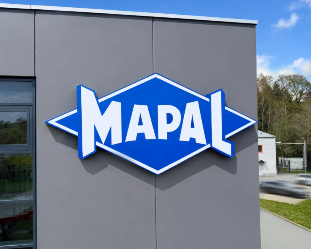Wielkoformatowy kaseton z logo MAPAL na elewacji