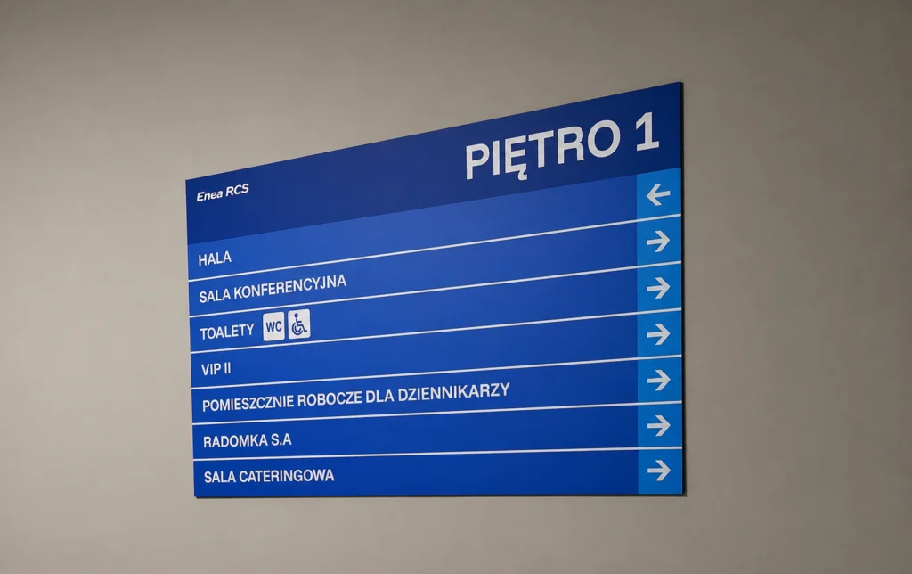 Tabliczka wayfinding w Radomskim Centrum Sportu